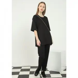 Turkish Style Womens 2 Piece Viscose Sleeve Fold CO ORD Set (Black)