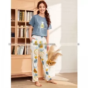 Printed Cotton Ladies Sleep Dress Night Wear with Shirt and Trouser (Design-108)