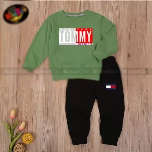 Spring Fall Green And Black Stylish Casual Printed Toddler Tracksuit For Kids