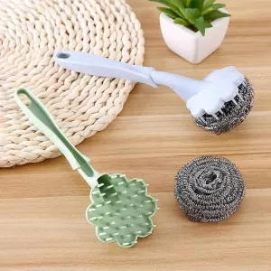 Long Handle Home Kitchen Utility Steel Wire Ball Pot Dish Cleaning Brush