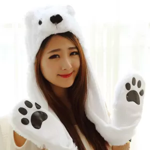 3 In 1 Cute Bear Design Soft Warm Plush Women Hats and Caps Multifunction Gloves Hat Winter Floss