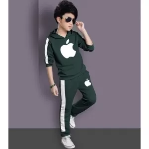 Green Apple Print  with White Stripes Spring Fleece Tracksuits For Kids