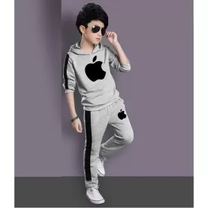 Grey Apple Print  with Black Stripes Spring Fleece Tracksuits For Kids