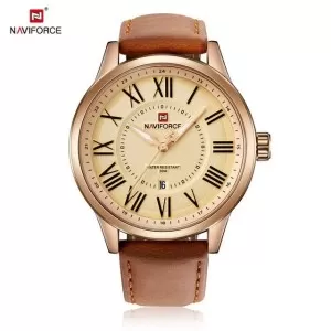 NAVIFORCE Roman number Date Edition Light Yellow Dial Brown Strap Wrist Watch (nf-9126-1)