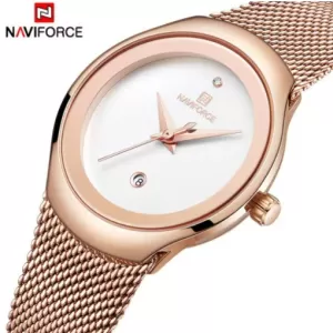NAVIFORCE Steel Mesh Ladies Edition White Dial Golden Mesh Bracelet Wrist Watch (nf-5004-1)