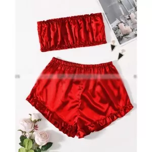 Satin Striped Frill Trim Tube Top And Shorts PJ Set (Red)