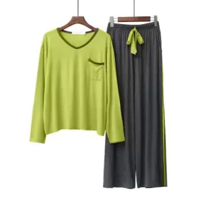 V-Neck Loose Cotton Multi Color Pajama Set Women Sleepwear (Green)