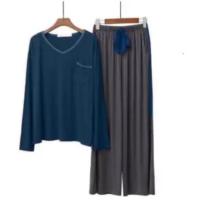 V-Neck Loose Cotton Multi Color Pajama Set Women Sleepwear (Blue)