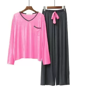 V-Neck Loose Cotton Multi Color Pajama Set Women Sleepwear (Pink)