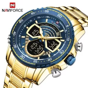 NAVIFORCE Dual Time Edition Blue Dial Golden Bracelet Wrist Watch (nf-9189-1)
