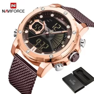 NAVIFORCE Dual Time Edition Black Dial Brown Mesh Strap Wrist Watch (nf-9172-8)