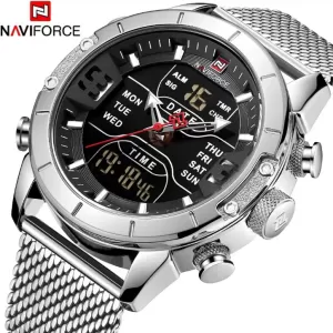 NAVIFORCE Mesh Band Dual Time Edition Black Dial Silver Strap Wrist Watch (nf-9153-3)