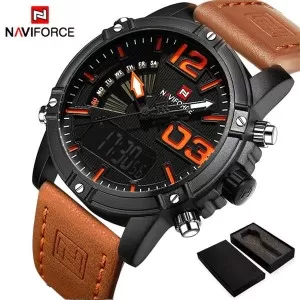 NAVIFORCE Exclusive Edition Black Dial Brown Strap Wrist Watch (nf-9095-2)