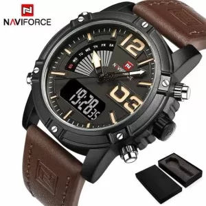 NAVIFORCE Exclusive Edition Black Dial Dark Brown Strap Wrist Watch (nf-9095-1)