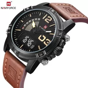 NAVIFORCE Exclusive Edition Black Dial Brown Strap Wrist Watch (nf-9095-3)