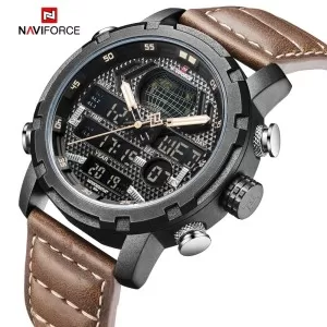 NAVIFORCE World display Digital Edition Dark Grey Dial Brown Strap Wrist Watch (nf-9160-1)
