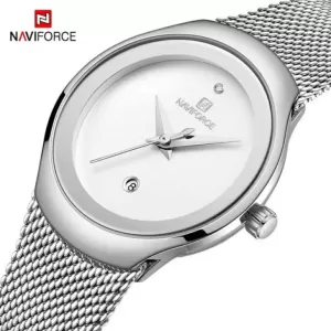 NAVIFORCE Steel Mesh Ladies Edition White Dial Grey Mesh Bracelet Wrist Watch (nf-5004-3)