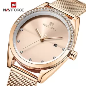 NAVIFORCE Mesh Band Lady Watch Champagne Pink Dial Wrist Watch (nf-5015-4)