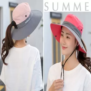 Ponytail Women Summer Sun Bucket Hats UV Hiking Wide Brim Beach Foldable Mesh Fishing Cap