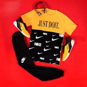 Stylish Summer Half Sleeves Just Do It Print Tracksuit For Kids (Yellow with Black)