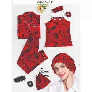 7pcs Floral Print Satin Pajama Set (Design-10)