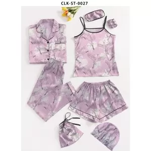 7pcs Floral Print Satin Pajama Set (Design-22)
