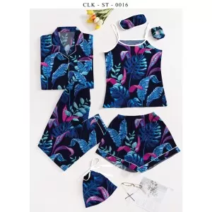 7pcs Floral Print Satin Pajama Set (Design-24)