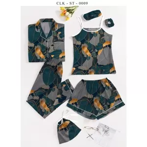 7pcs Floral Print Satin Pajama Set (Design-27)