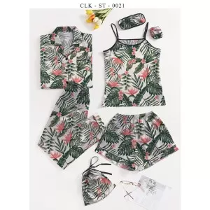 7pcs Floral Print Satin Pajama Set (Design-33)
