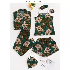 7pcs Floral Print Satin Pajama Set (Design-34)