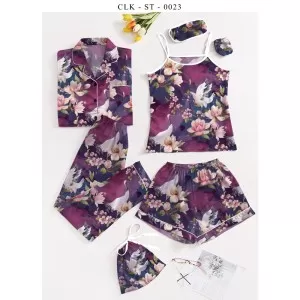 7pcs Floral Print Satin Pajama Set (Design-35)