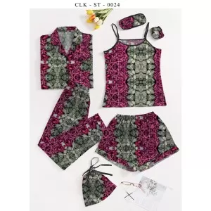7pcs Floral Print Satin Pajama Set (Design-39)