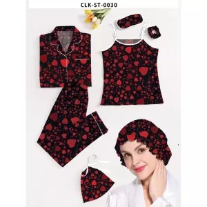 7pcs Floral Print Satin Pajama Set (Design-4)