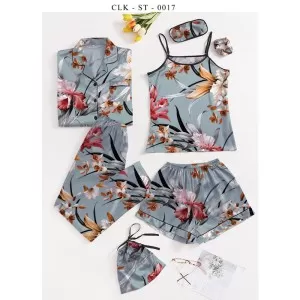 7pcs Floral Print Satin Pajama Set (Design-40)