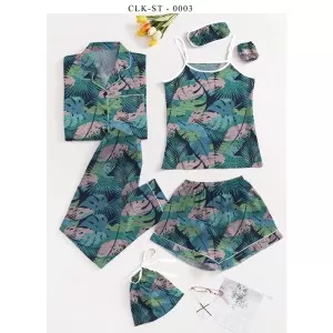 7pcs Floral Print Satin Pajama Set (Design-43)