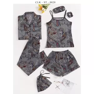 7pcs Floral Print Satin Pajama Set (Design-48)