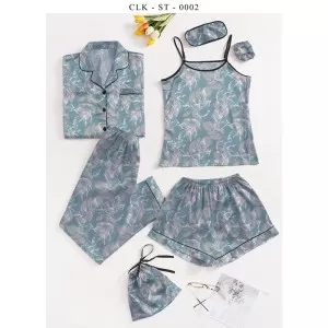 7pcs Floral Print Satin Pajama Set (Design-56)