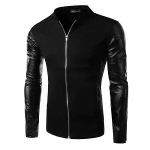 Base Ball Collar Jacket With Leather Sleeves For Men