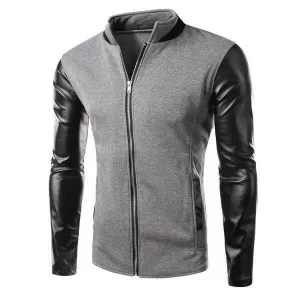 Base Ball Collar Jacket With Leather Sleeves For Men