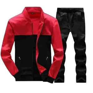 Black & Red Stand Collar Pannel Tracksuit For Men