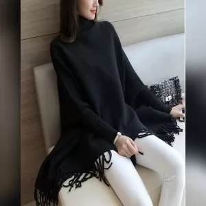 Black Simple Poncho For Women