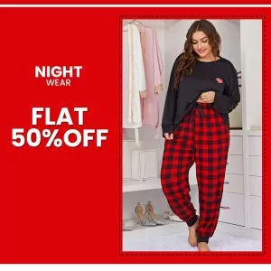 Black with Red Heart with Red Check Pajama Full Sleeves Night Suit for her