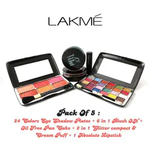 Pack Of 5 24 Colors Eye Shadow Plates 6 in 1 Blush ON Oil Free Pan Cake 2 in 1 Glitter compact & Cream Puff Absolute Lipstick