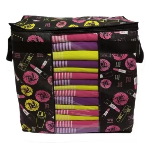 Clothes Storage Bag Rose Flower Design 18 x 27 Inch Non Woven Water Proof Material Handle Style Bag Black
