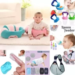 deal for babies (silicon spoon feeder,2 pcs fruit pacifier, baby back support sofa, baby knee pads, baby elastic carrier,baby finger tooothbrush)