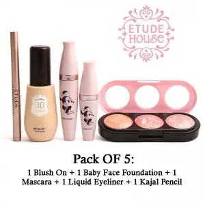 Pack Of 5:Baby Face Foundation Blush On Mascara Liquid Eyeliner Kajal Pencil