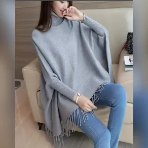 Grey Simple Poncho For Women