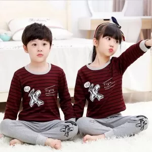 Maroon and Grey Flying Performance Print Full Sleeves Night Suit for Kids