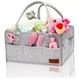 Nappy Caddy Organiser - Sturdy 3mm Thick Portable Baby Diaper Bag for Storage - Easy to Carry Nursery Basket for Wipes and Newborn Essentials, Grey Fe