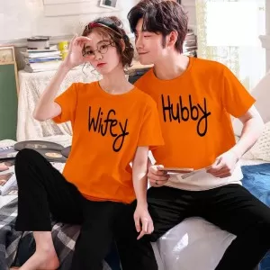 Orange Wifey and Hubby Printed Couple Night Dress ( 2 SUIT )